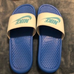 Blue nike slides